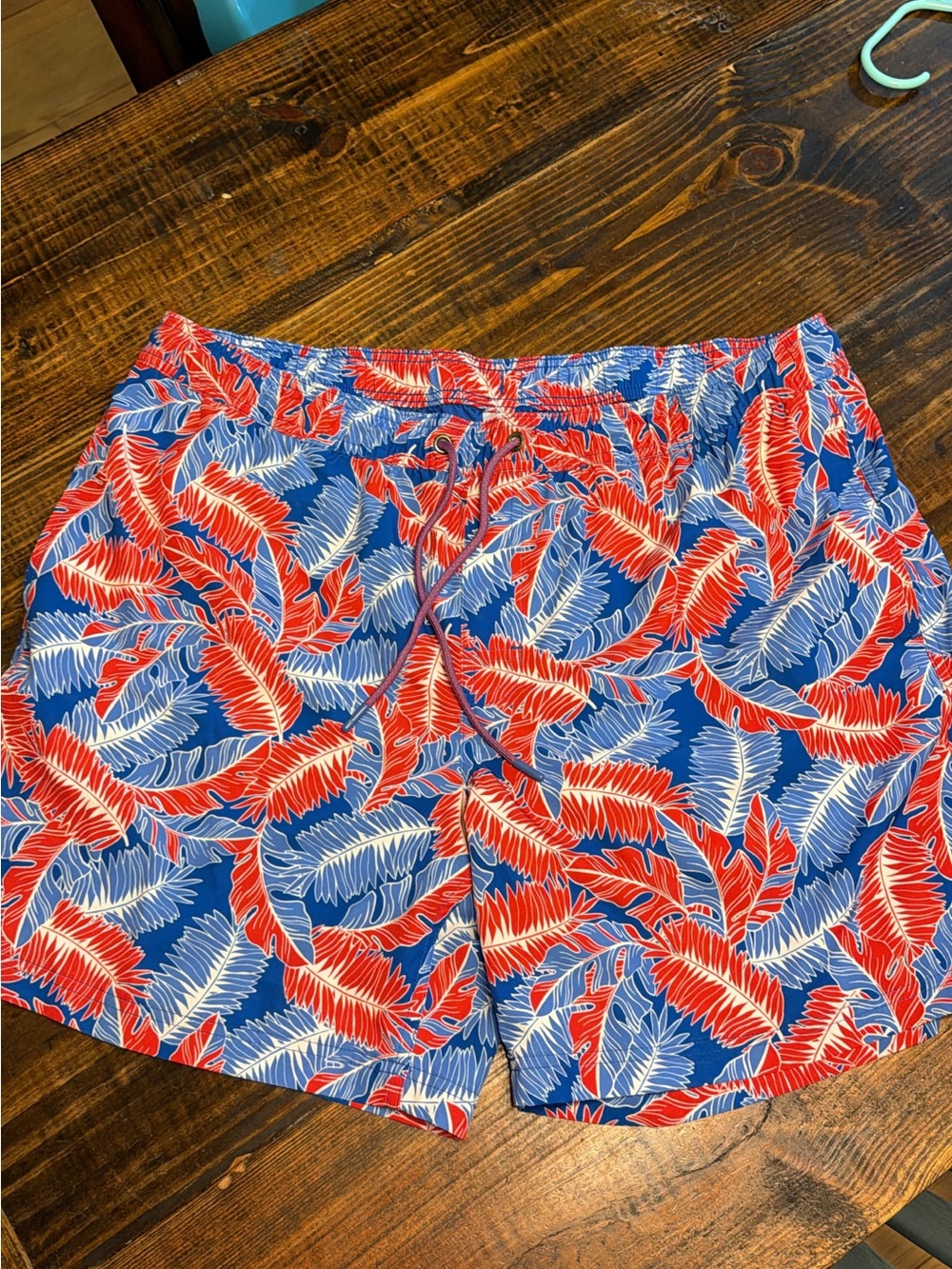Men's Blue Tropical Swim Trunks with Red & White Leaf Print